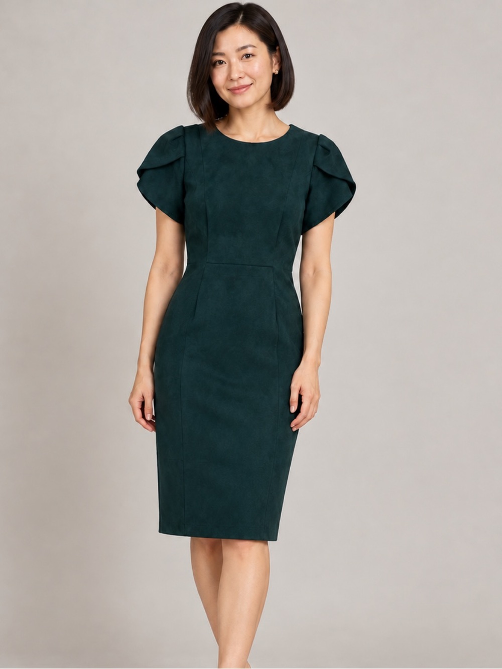 Calvin Klein Size 6 Dark Green Suede Dress Tulip Sleeve Old Money Quiet Luxury